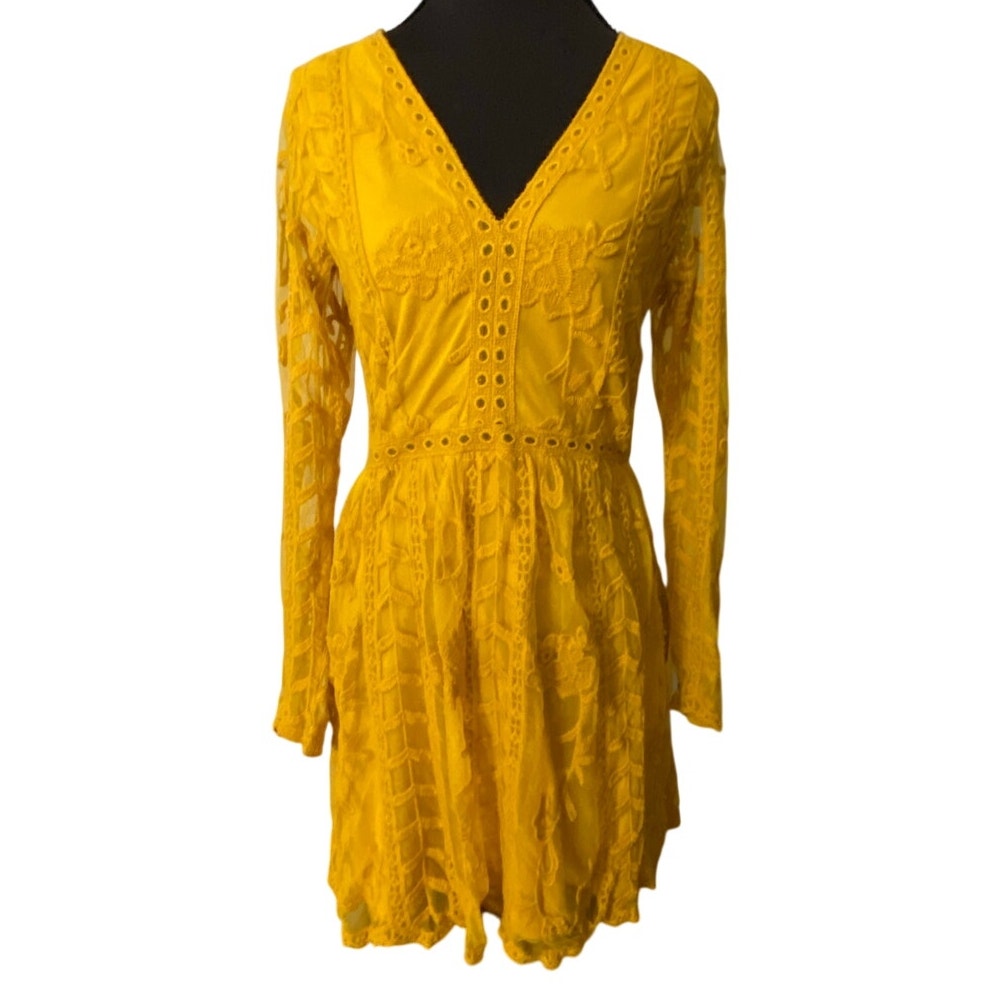 Altar'd State Mustard Yellow Lace Embroidered Dress Long Sleeve Boho Indie Small